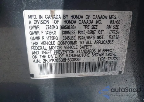 2008 Honda Ridgeline Rtl z USA, uszkodzony, nr VIN 2HJYK16538H533839